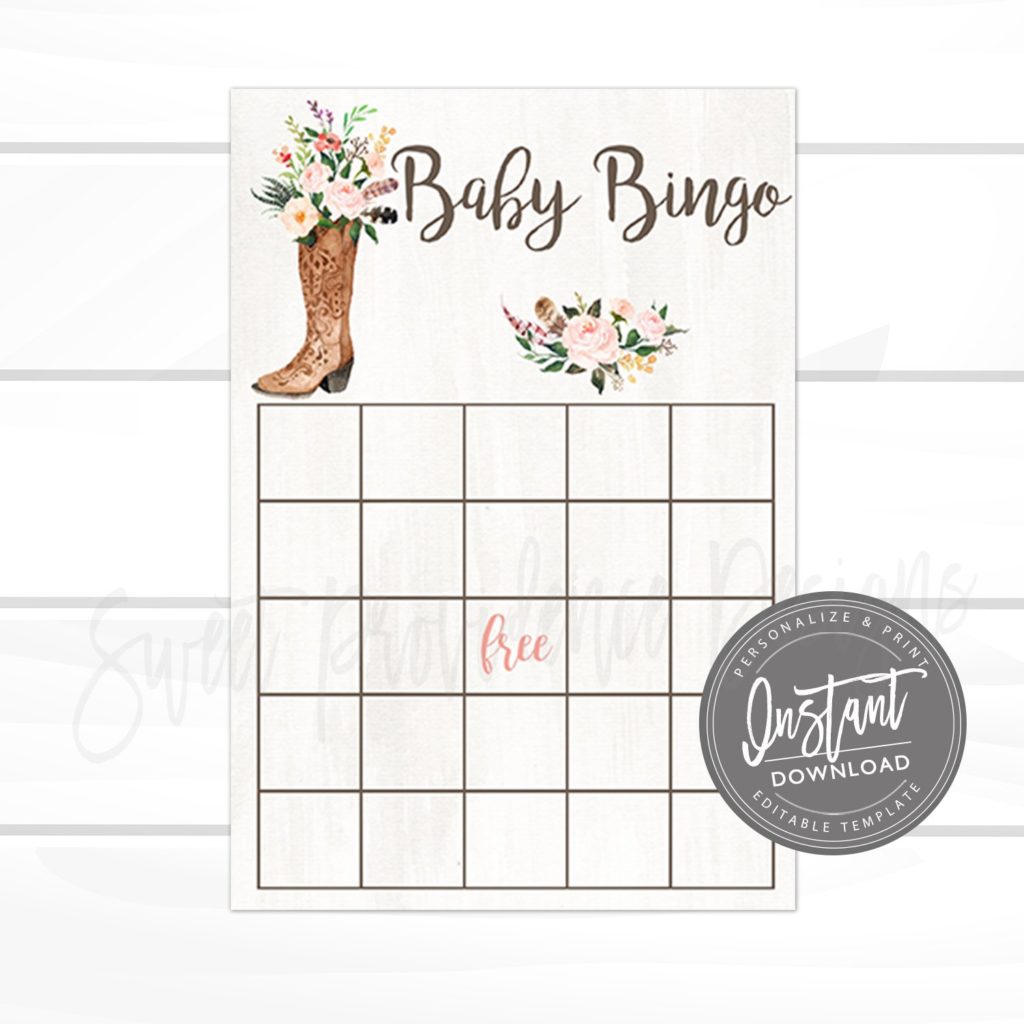 Baby shower Game/ Baby Bingo Game Card / Rustic Floral Bingo for Baby / Western Boots Floral/ Floral | Sweet Providence Designs