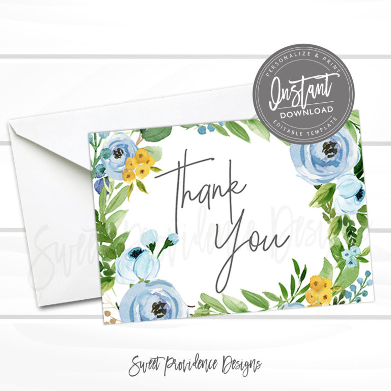 Blue Yellow Floral Thank you Card | Sweet Providence Designs