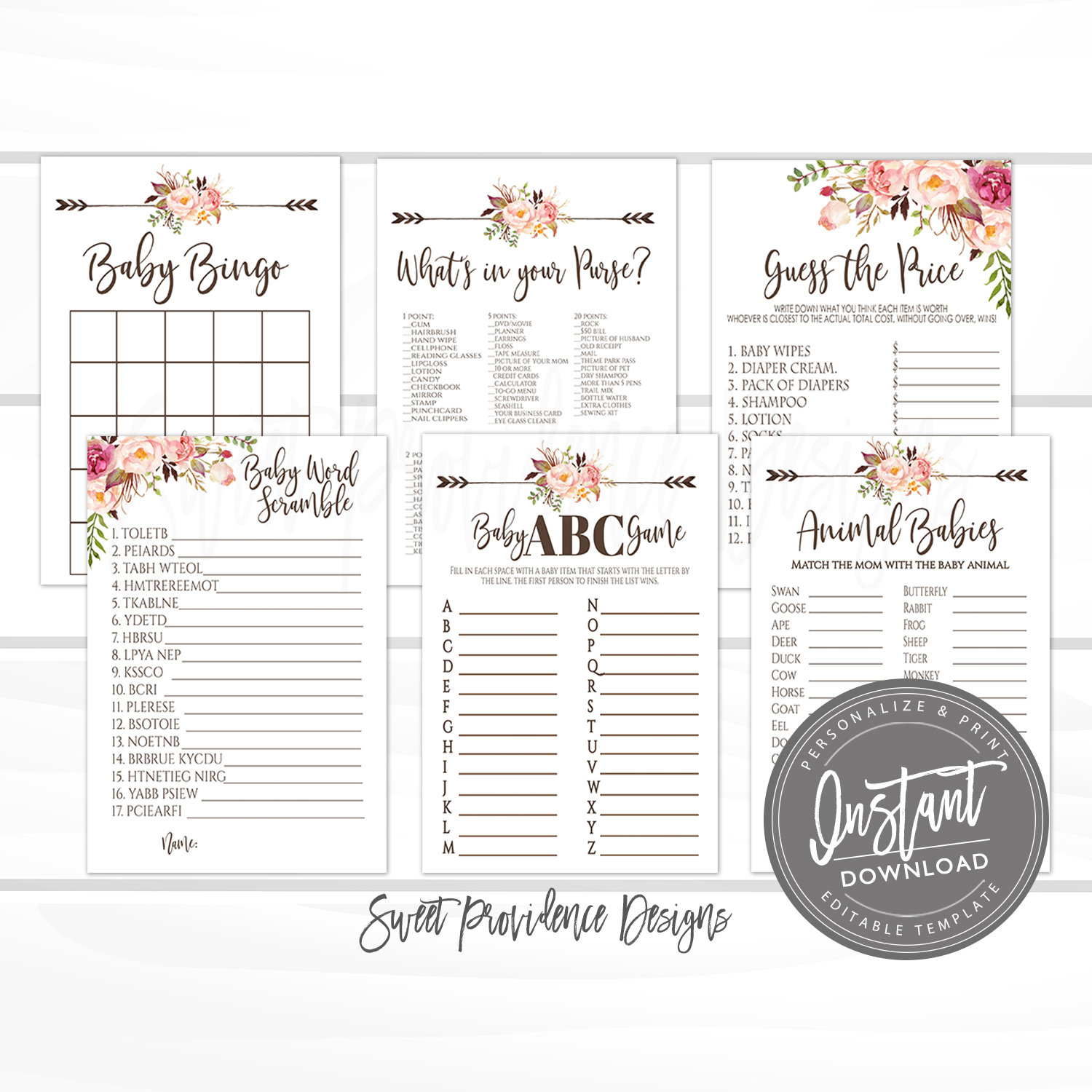 Floral Baby Shower Games Party Pack | Sweet Providence Designs
