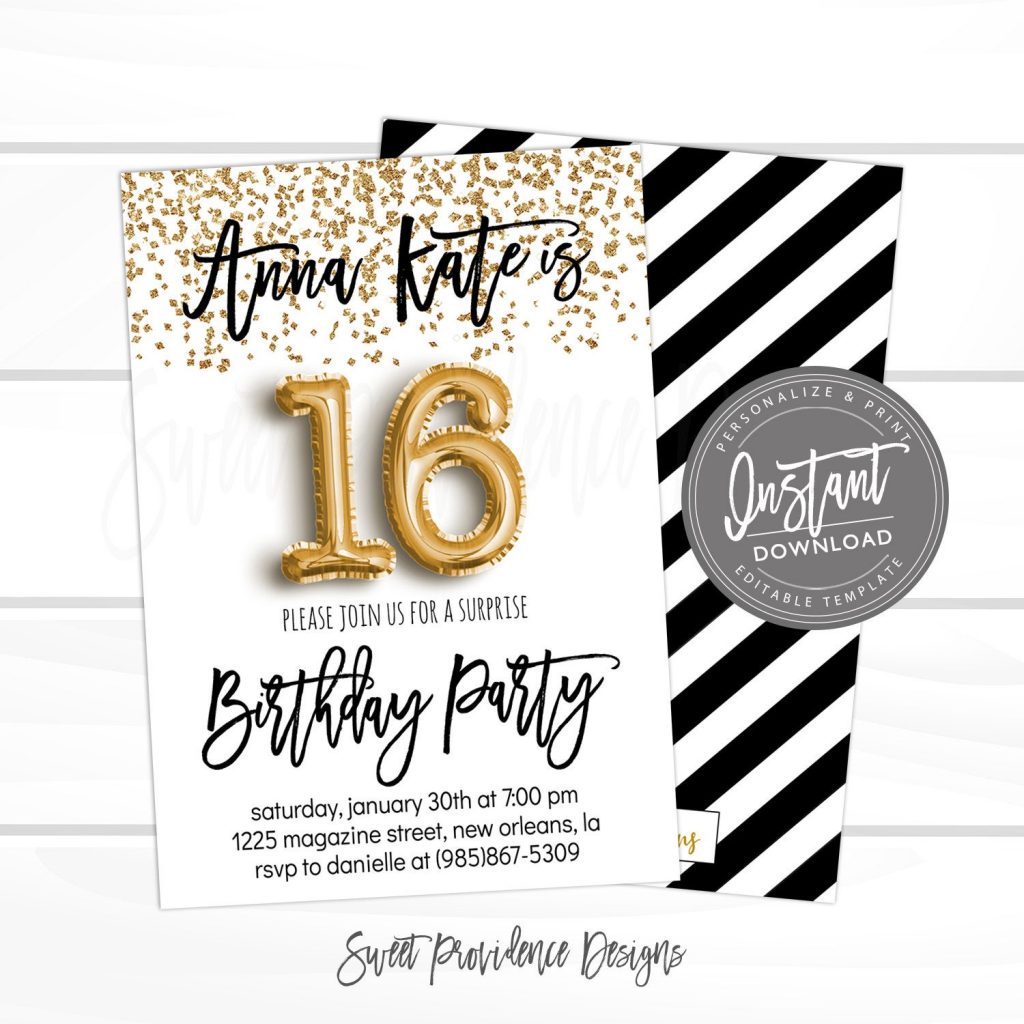 16th birthday Invitation, Editable Sweet 16 Birthday Party Invite