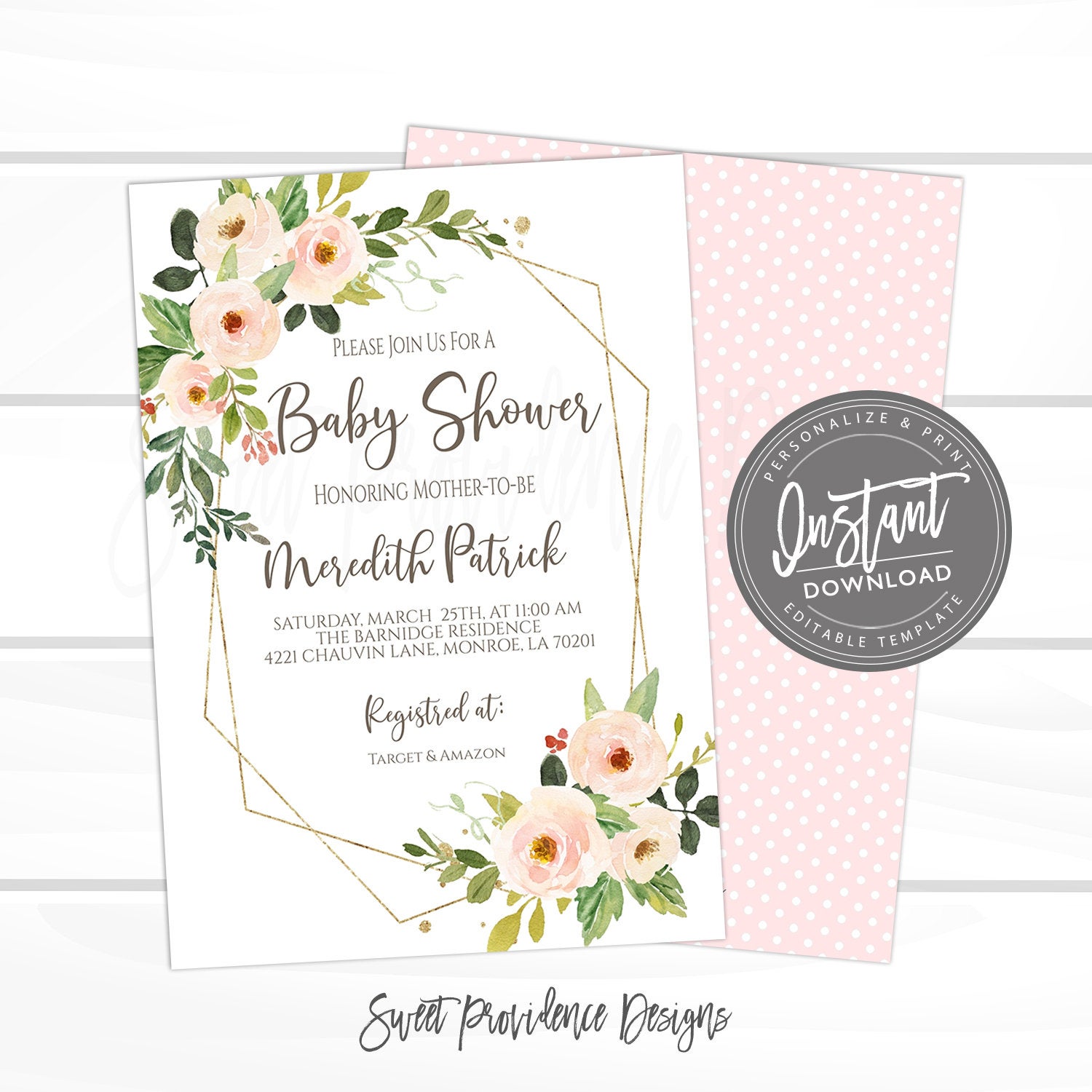 Template Editable Baby Shower Invitation Set Baby Shower Invite Blush Floral Gold Book Request Diaper Raffle