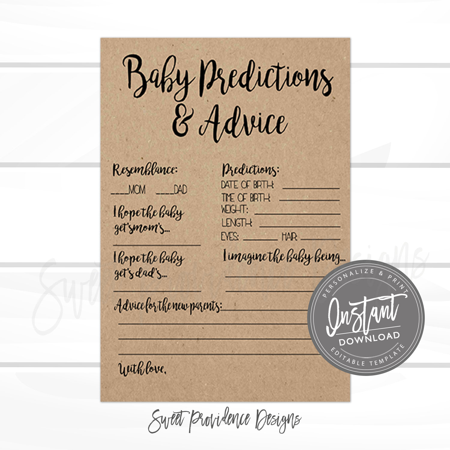 PERSONALISED BABY SHOWER GAMES INVITES PREDICTION CARDS KRAFT NATURAL 