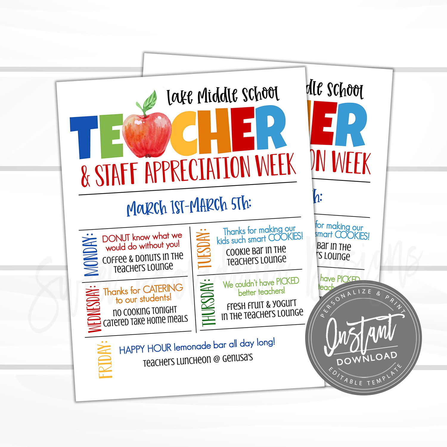 EDITABLE Teacher Appreciation Week Itinerary Sweet Providence Designs