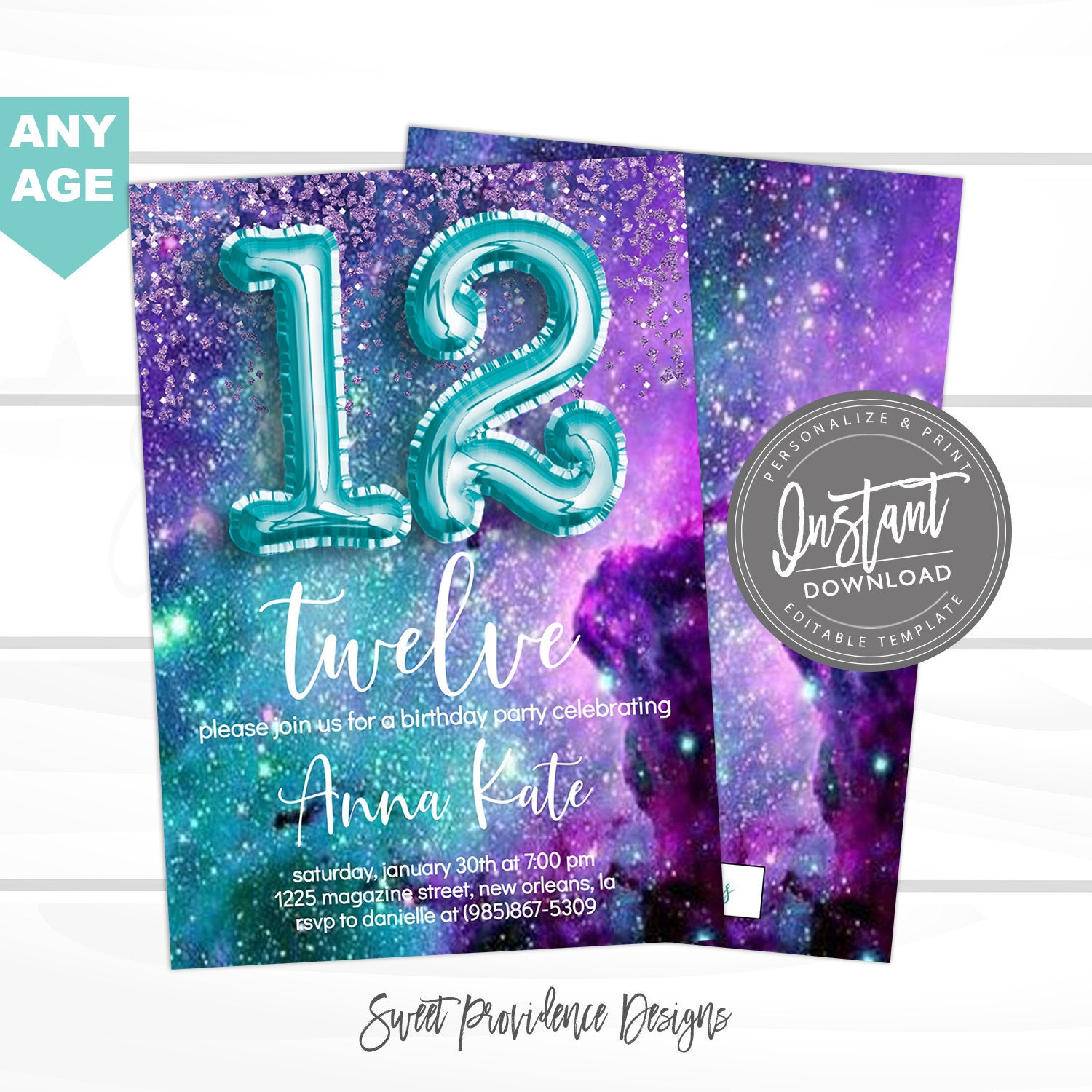 12th-birthday-invitation-any-age-editable-birthday-invitation-galaxy-glitter-surprise-teen