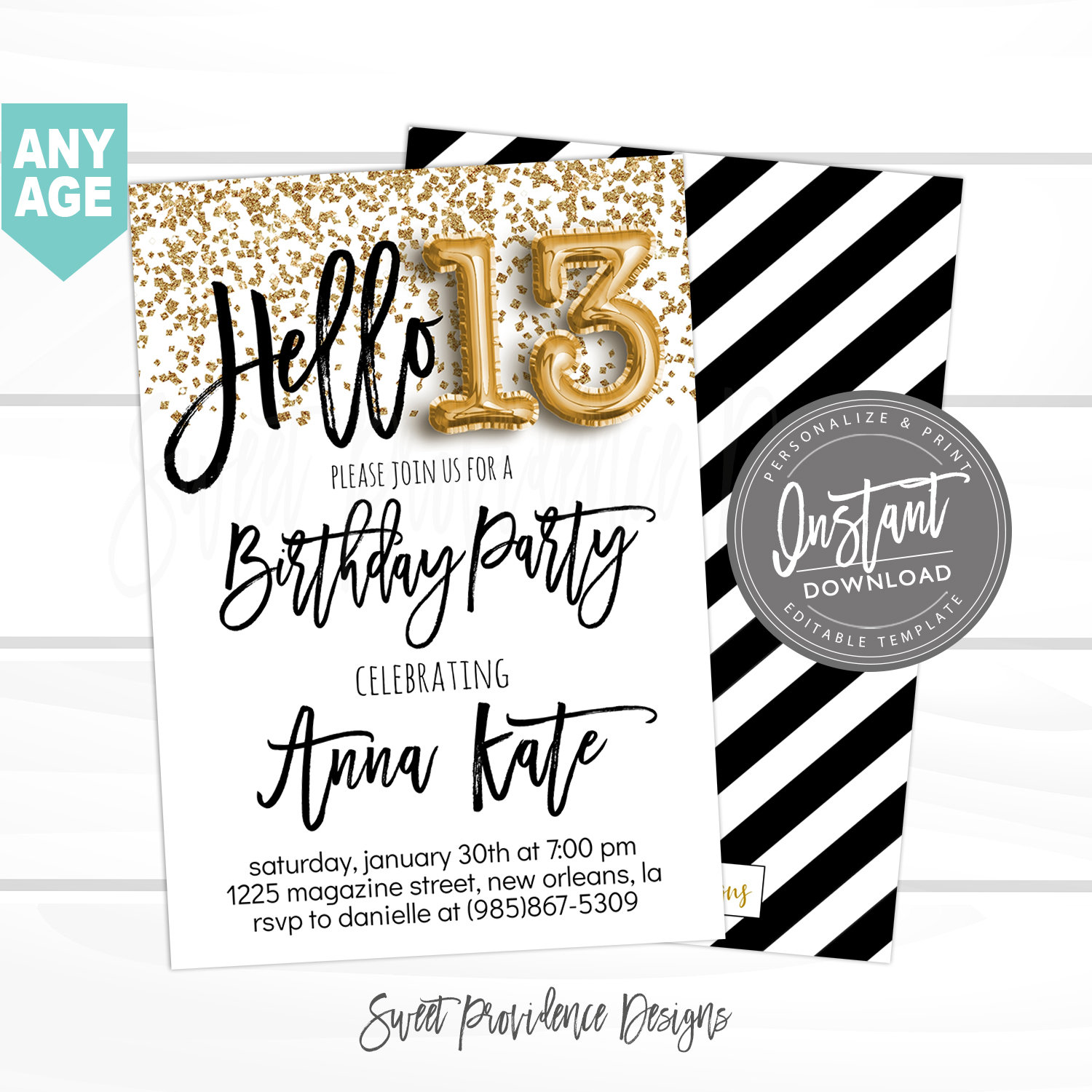 13th-birthday-invitation-editable-13th-birthday-invitation-hello-13-black-gold-glitter