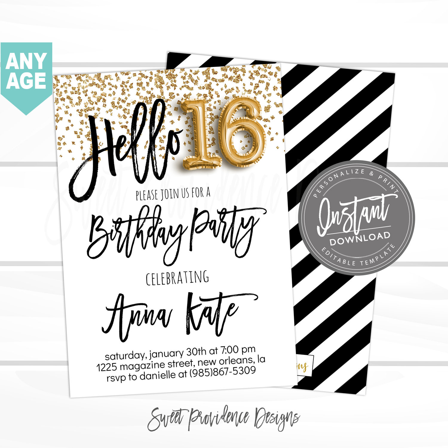 16th birthday Invitation, Editable 16th Birthday Invitation, Black & Gold Glitter, Surprise 16th party, Printable Invite, Instant Access