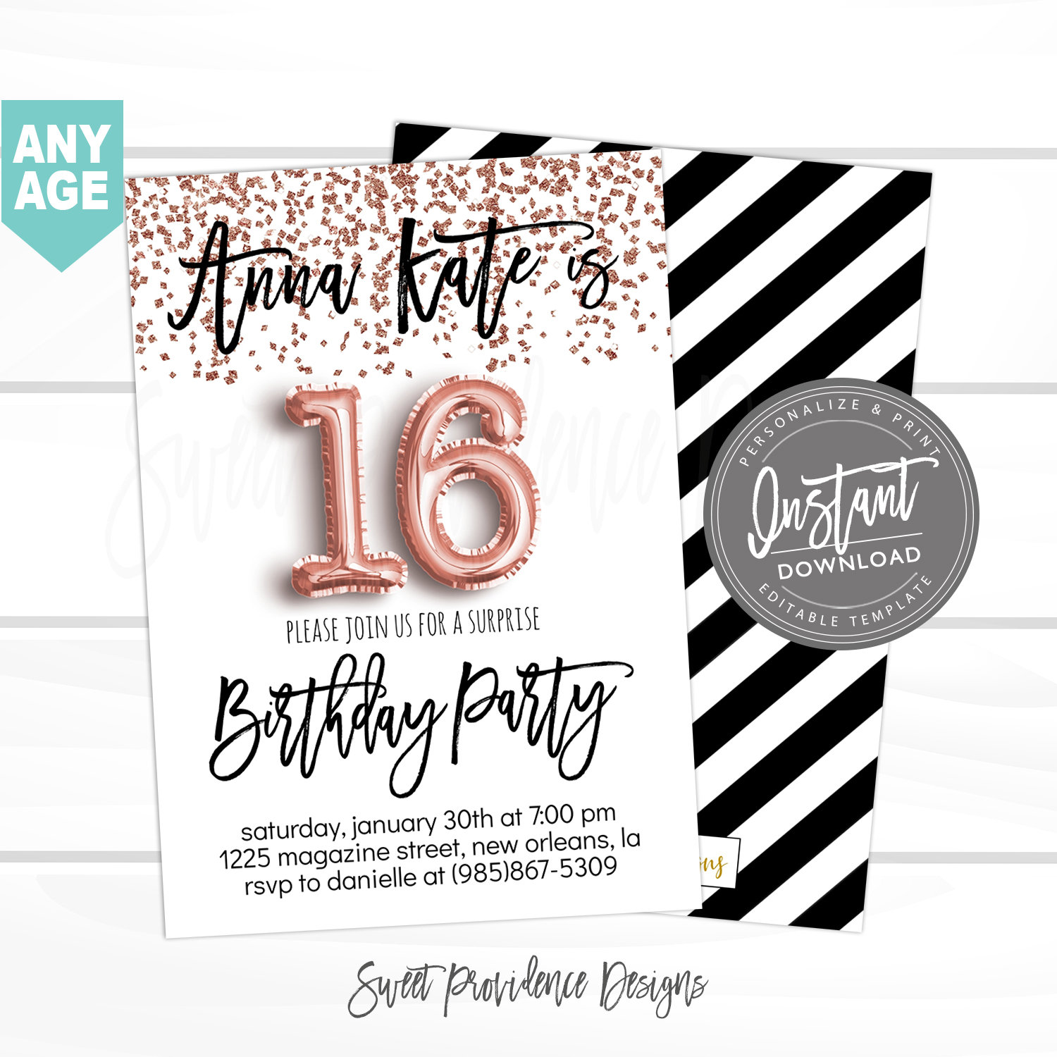 16th birthday Invitation, Editable Sweet 16 Birthday Party Invite, Black & Rose Gold Glitter