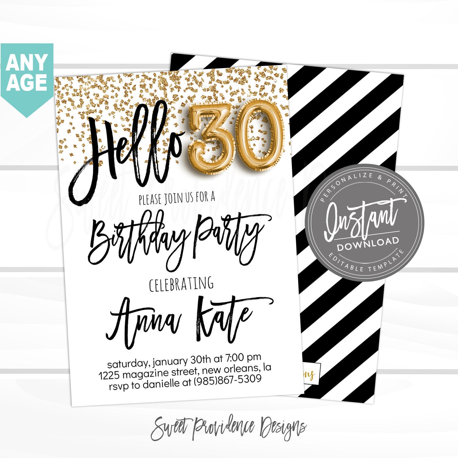 30th Birthday Invitation Editable 30th Birthday Invitation Hello 30 Black Gold Glitter