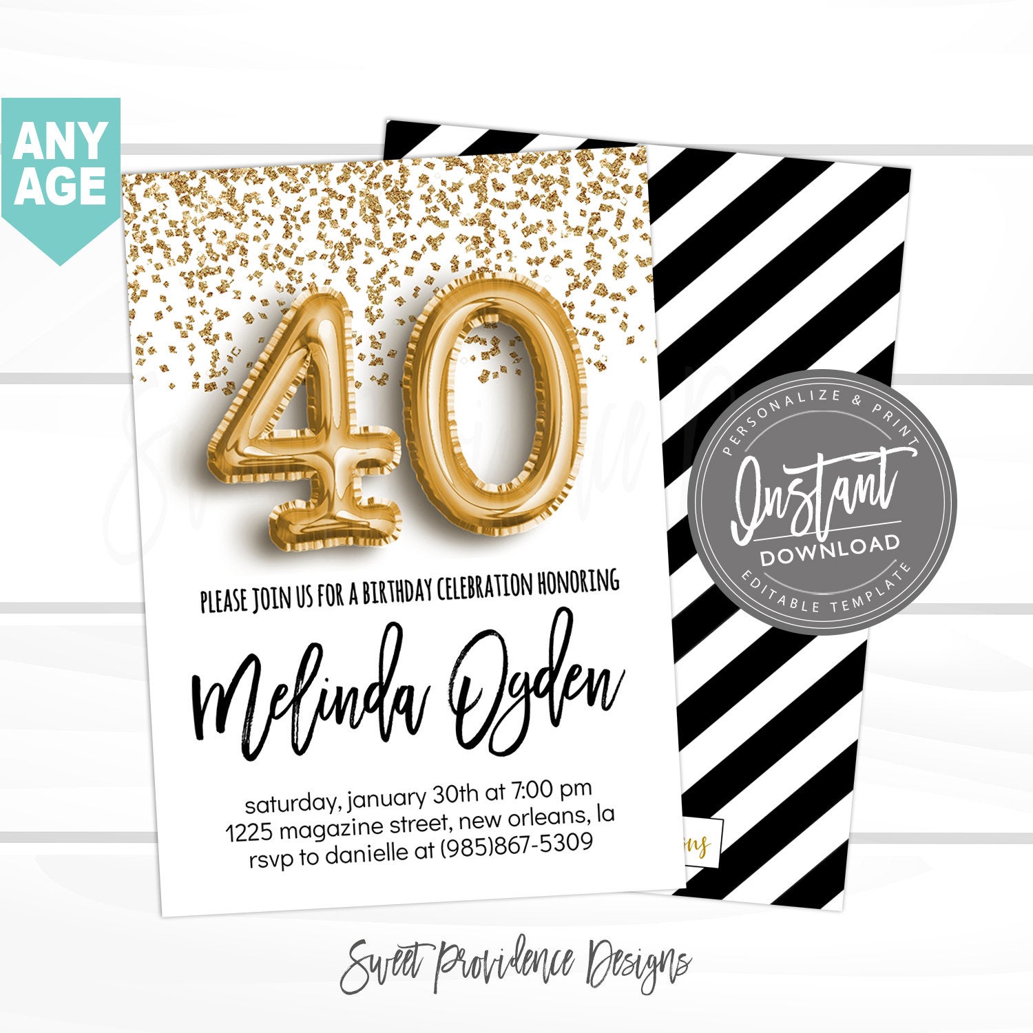 40th birthday Invitation, Editable 40th Birthday Invitation, Forty Invite, Black & Gold Glitter, Surprise, Printable Instant Access