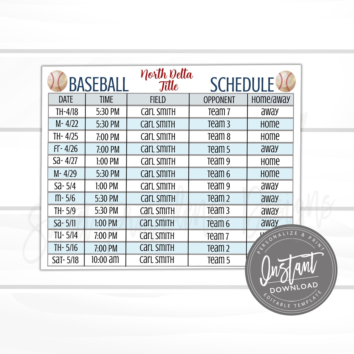 Editable Baseball Schedule, Game and Practice Schedule, Customizable
