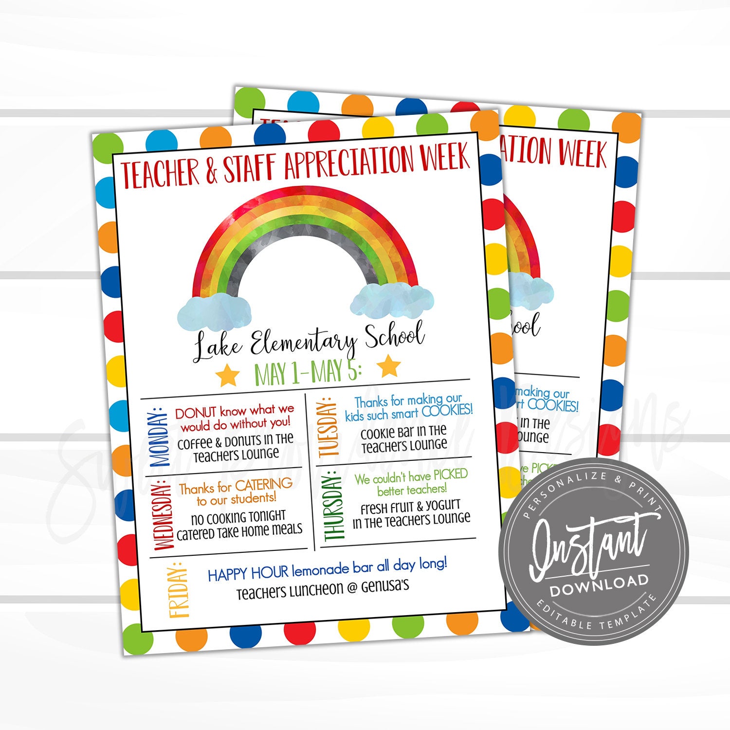 EDITABLE Teacher Appreciation Week Itinerary, Printable Rainbow Digital