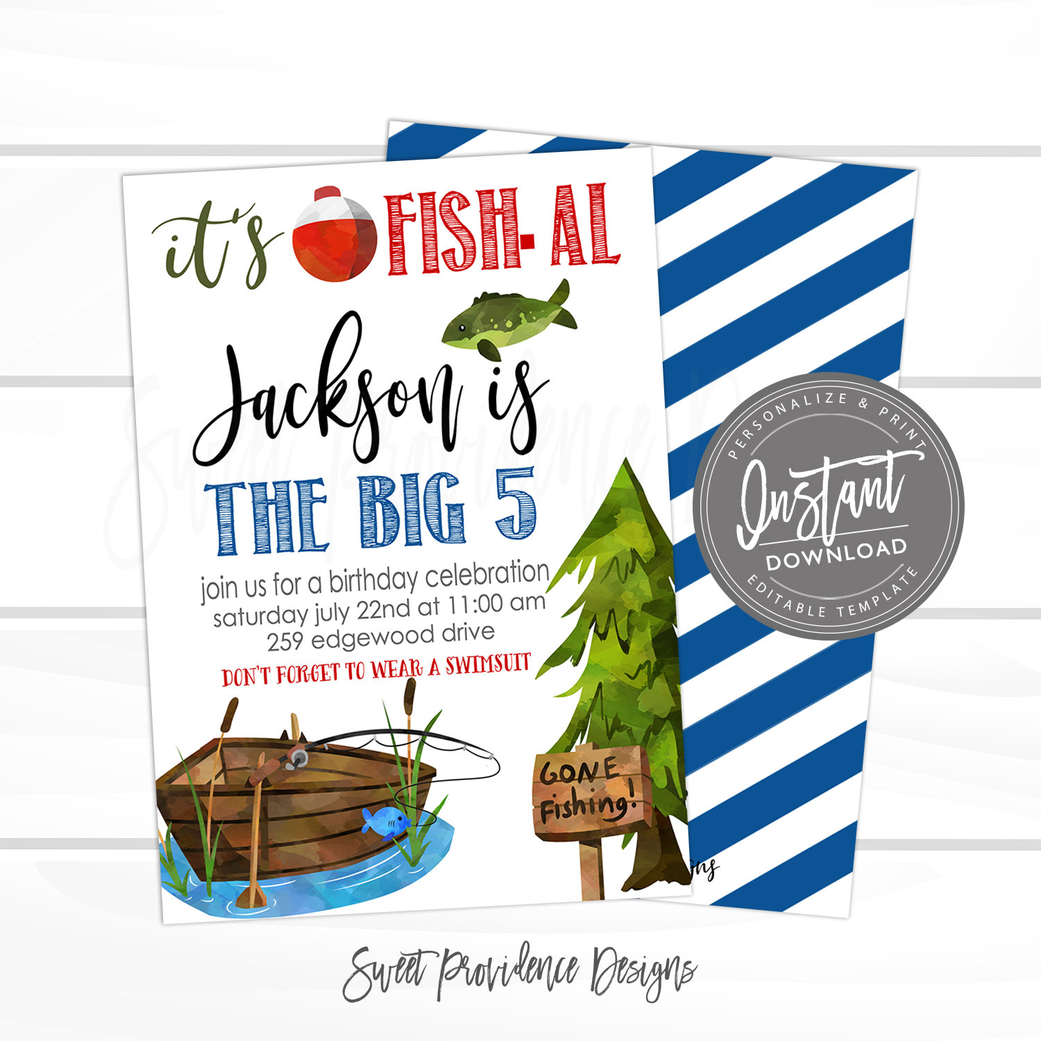 O-Fish-Ally five Birthday Invitation  Editable Fishing Theme Party In –  Print My Party