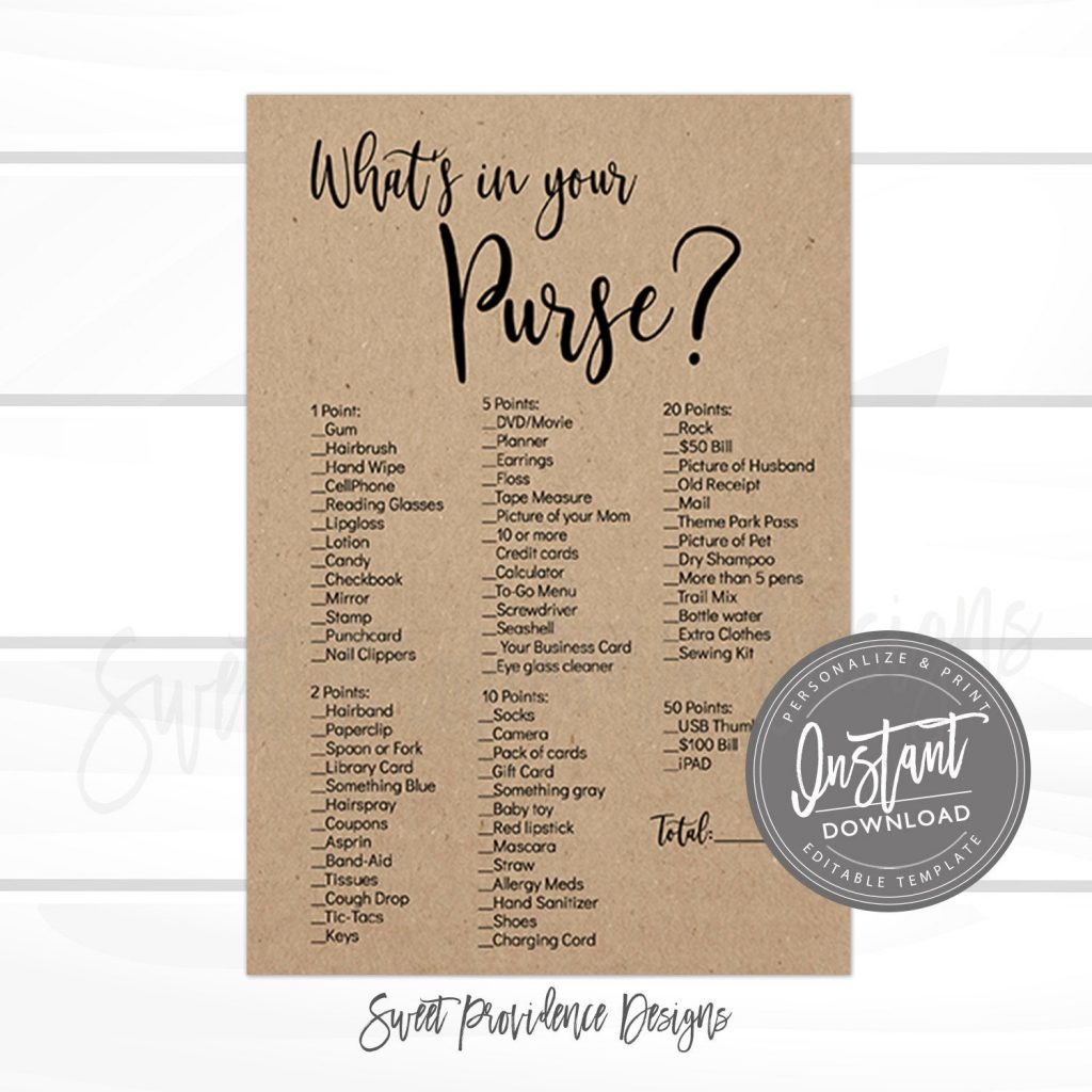 Baby Shower Purse Game Template What's In Your Purse Game Blue Drawn