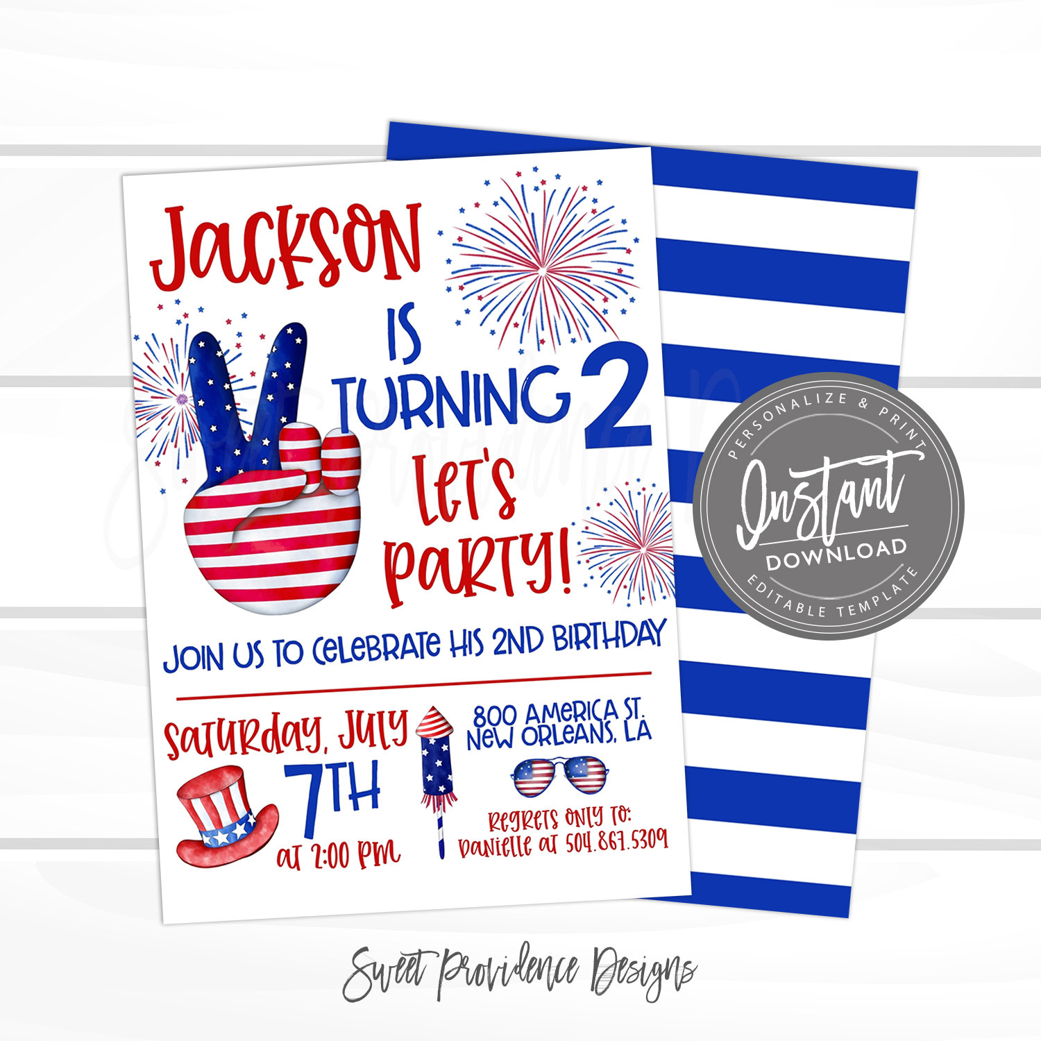 Instant Download Fourth of July Birthday Invitation N153 Templett Red White and Two Invite July 4th Red Birthday Party Invite