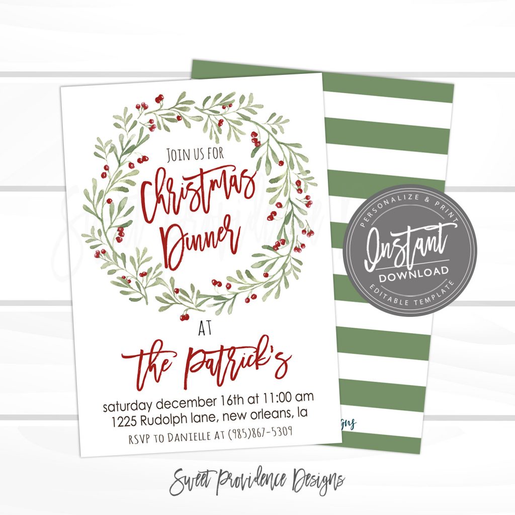 Christmas Dinner Invitation, Christmas Dinner Party, Editable Template 