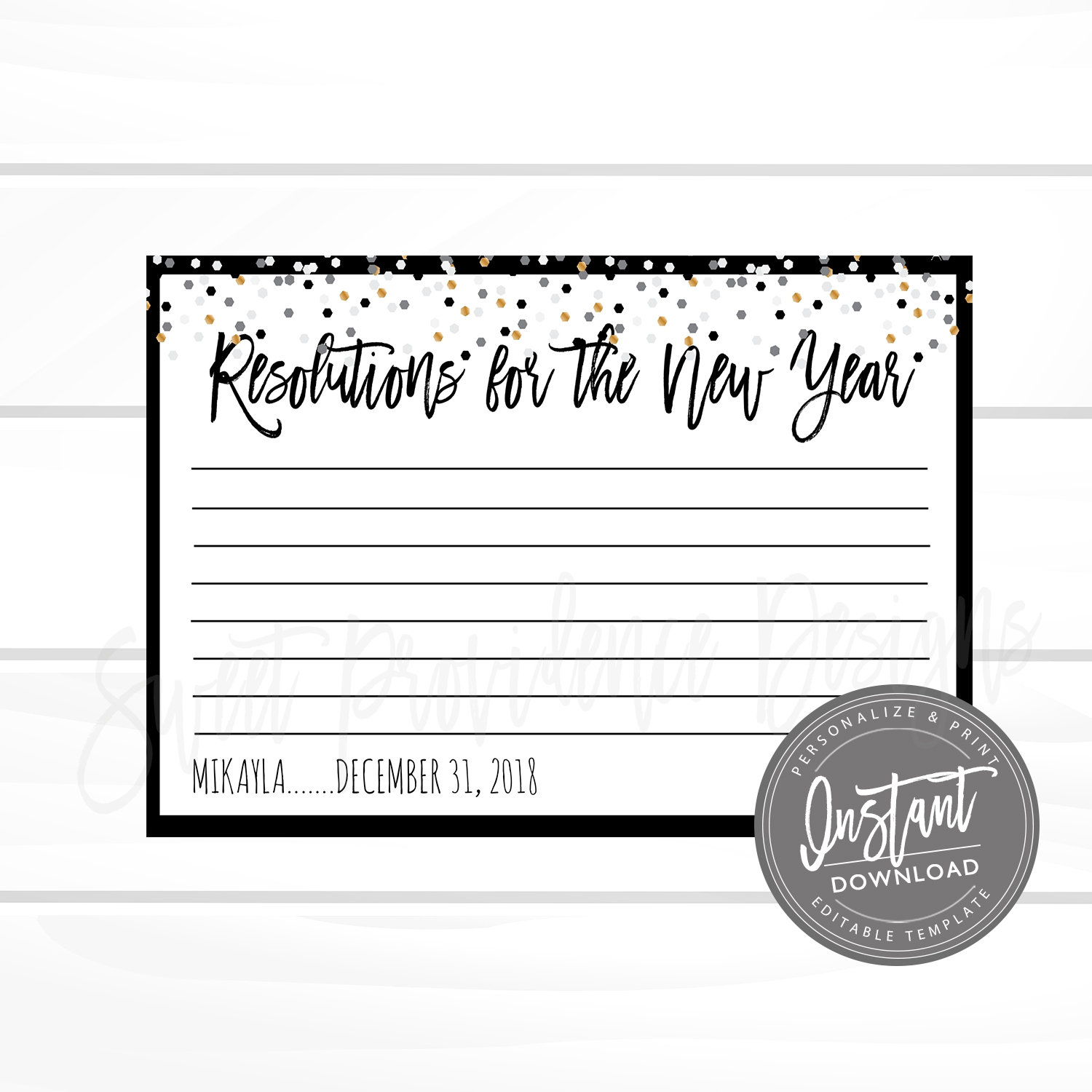 New Years Eve Resolutions Card, Editable NYE Party Game, Confetti NYE Party Card, Black Gold ...