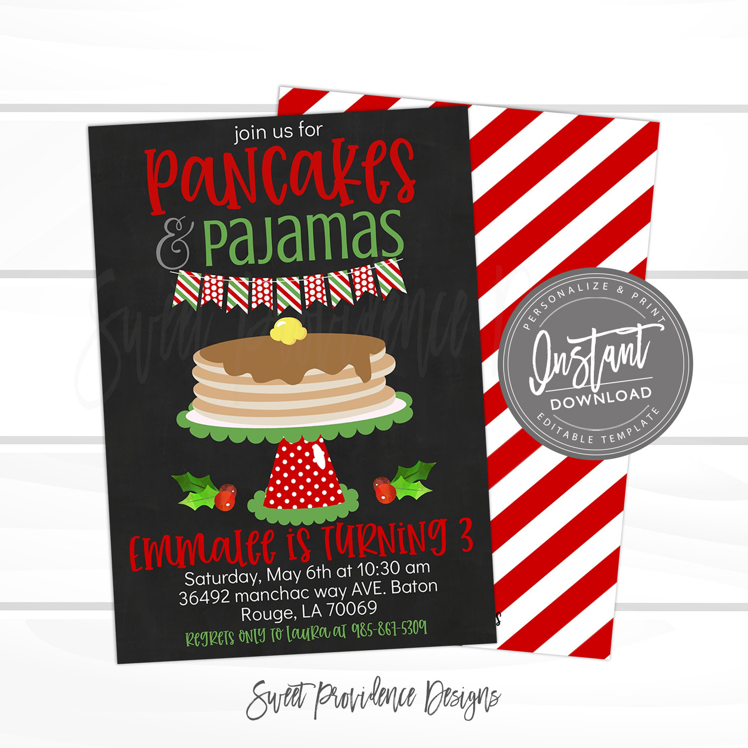 Christmas Pancakes and Pajamas Birthday Invitation Holiday Brunch Birthday Invite Black and Red Christmas Editable Instant Download PJ1