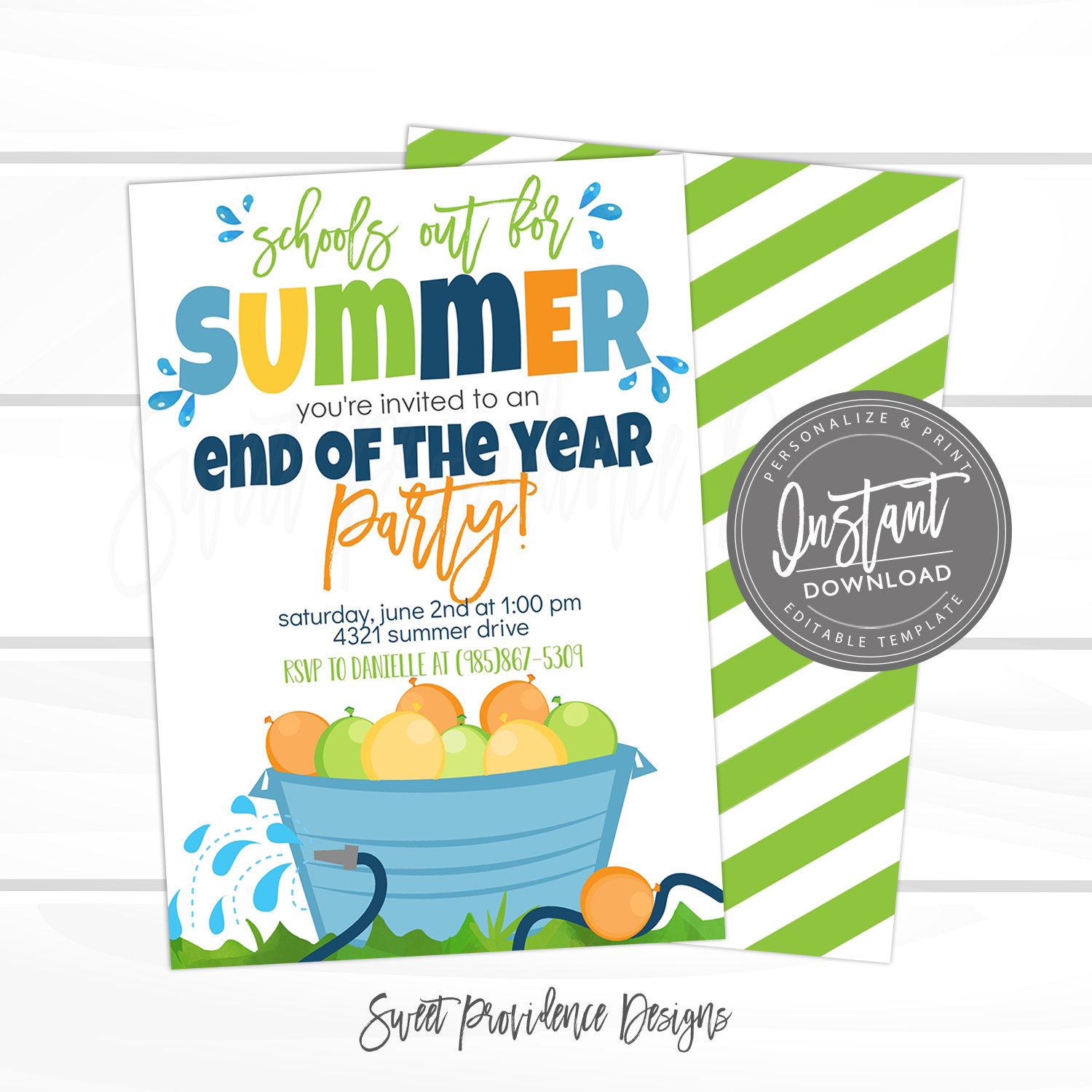 End of School Summer Party Invite, Water Balloon, Pool Party Invitation