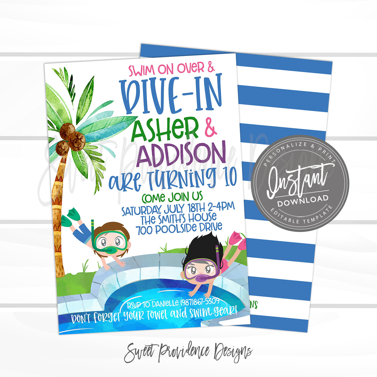Pool Party Birthday Invitation Diving Into Summer Sibling Birthday 