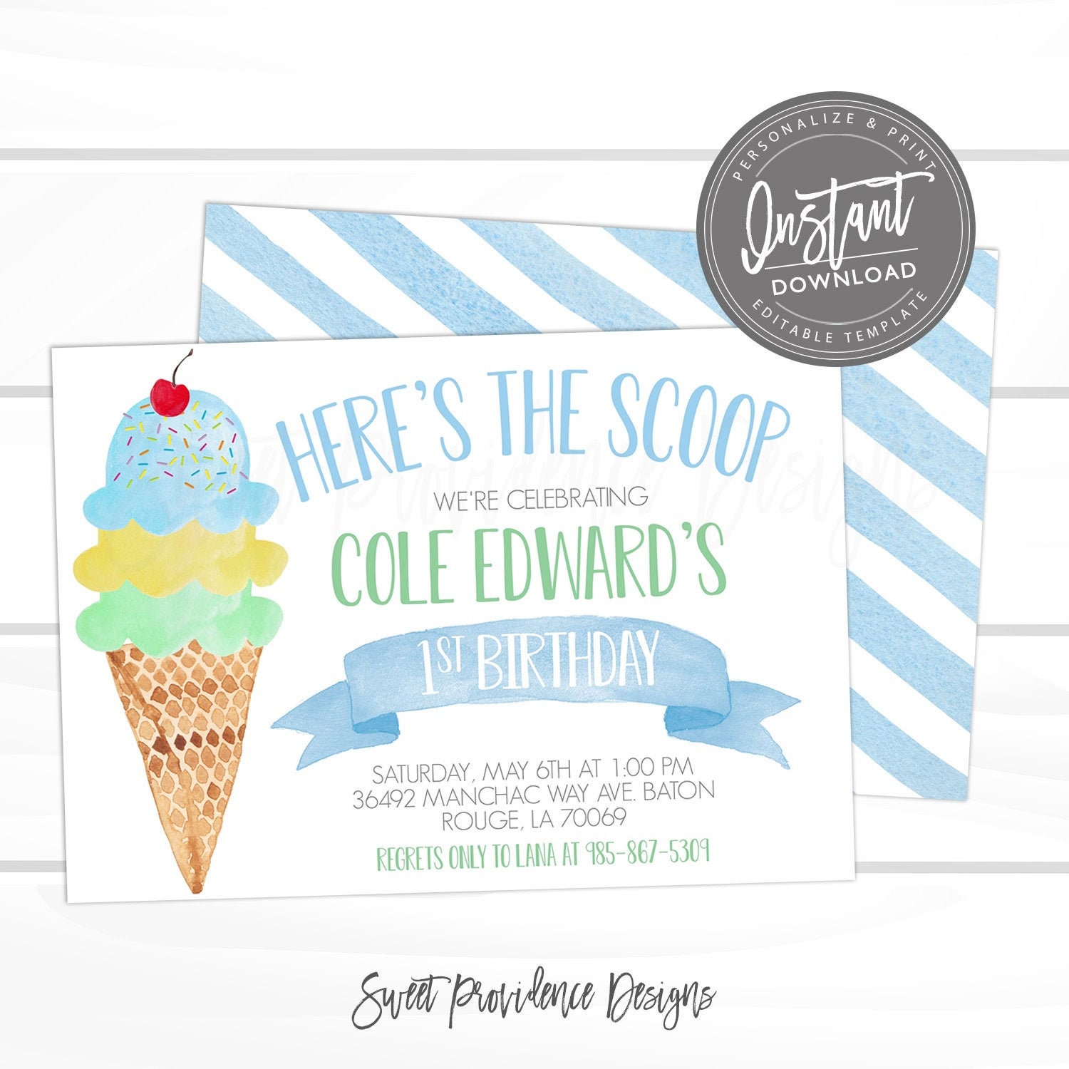 Ice Cream Birthday Party Invitation First Birthday Blue Ice Cream