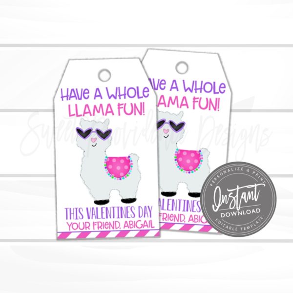 Valentine Favor Tags, Editable Valentine Llama Party Tags, Valentine Llama Party Favor Tags, Valentine Card Kids, template INSTANT ACCESS