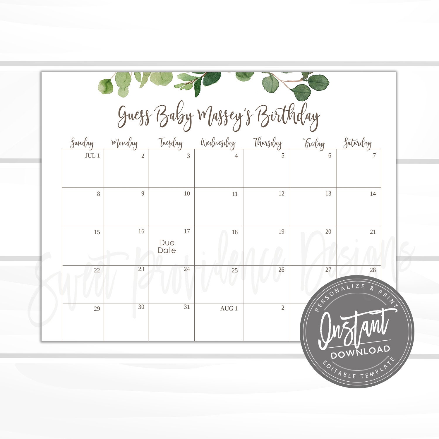 Baby Shower Due Date Calendar Game, Printable Greenery Guess Baby's