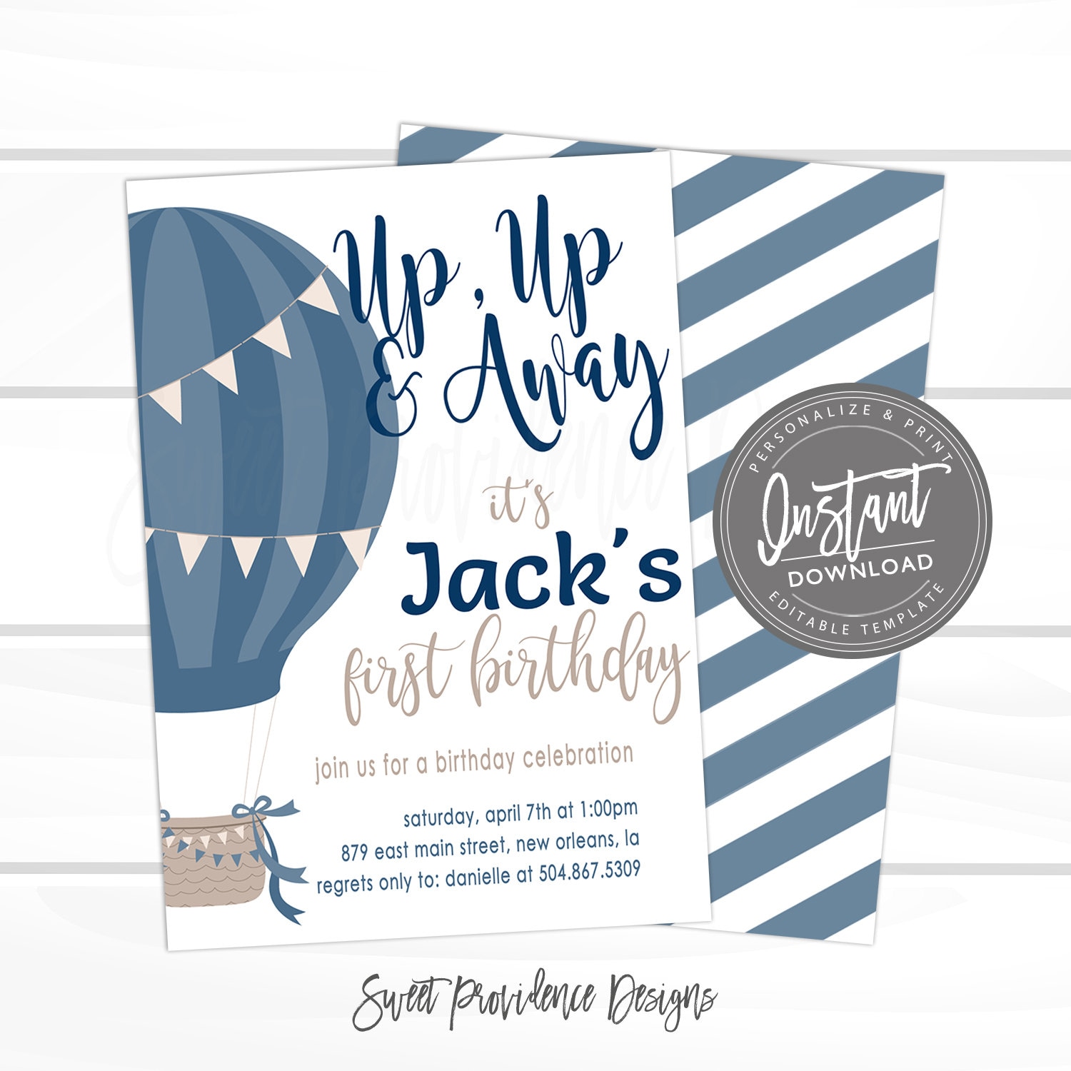Boy Hot Air Balloon Invitation, First Birthday, Boy birthday, Blue