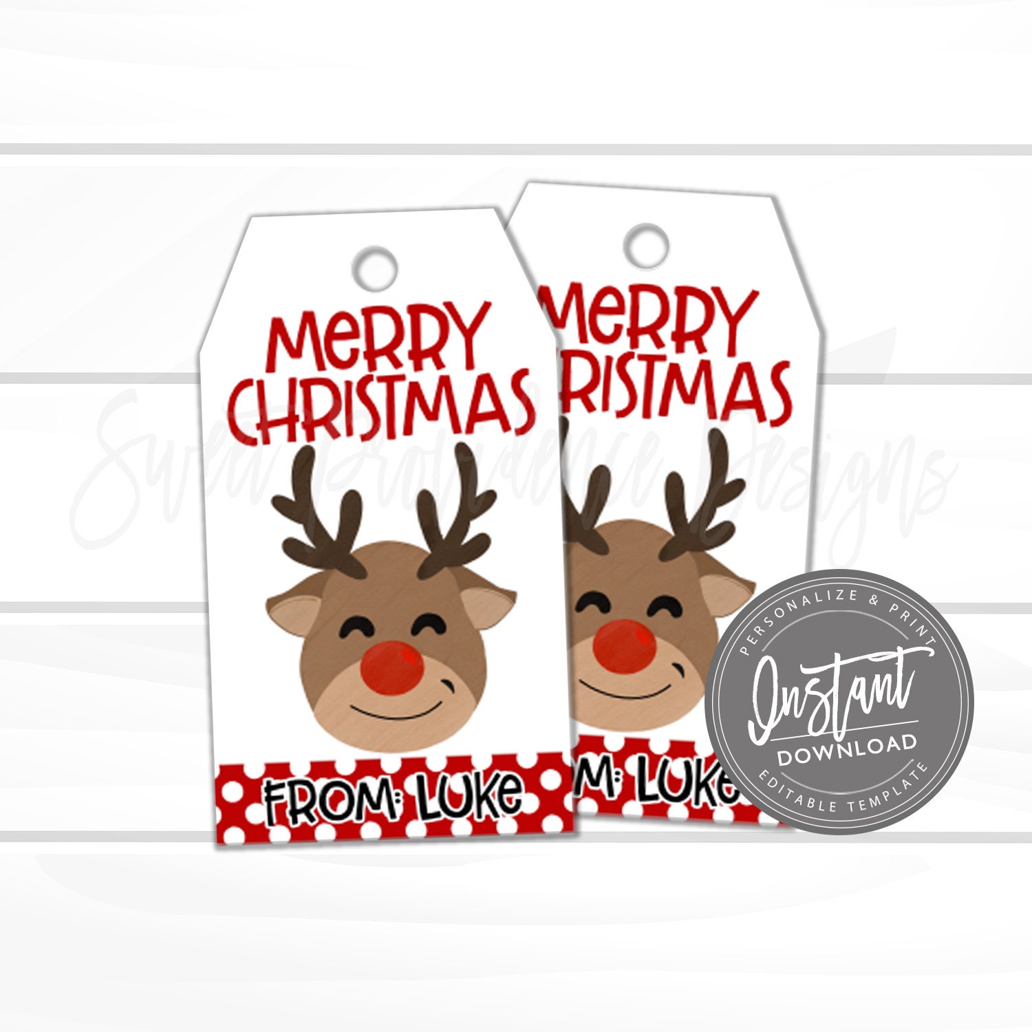 Christmas Gift Tags with Santa and Rudolph Printable Editable