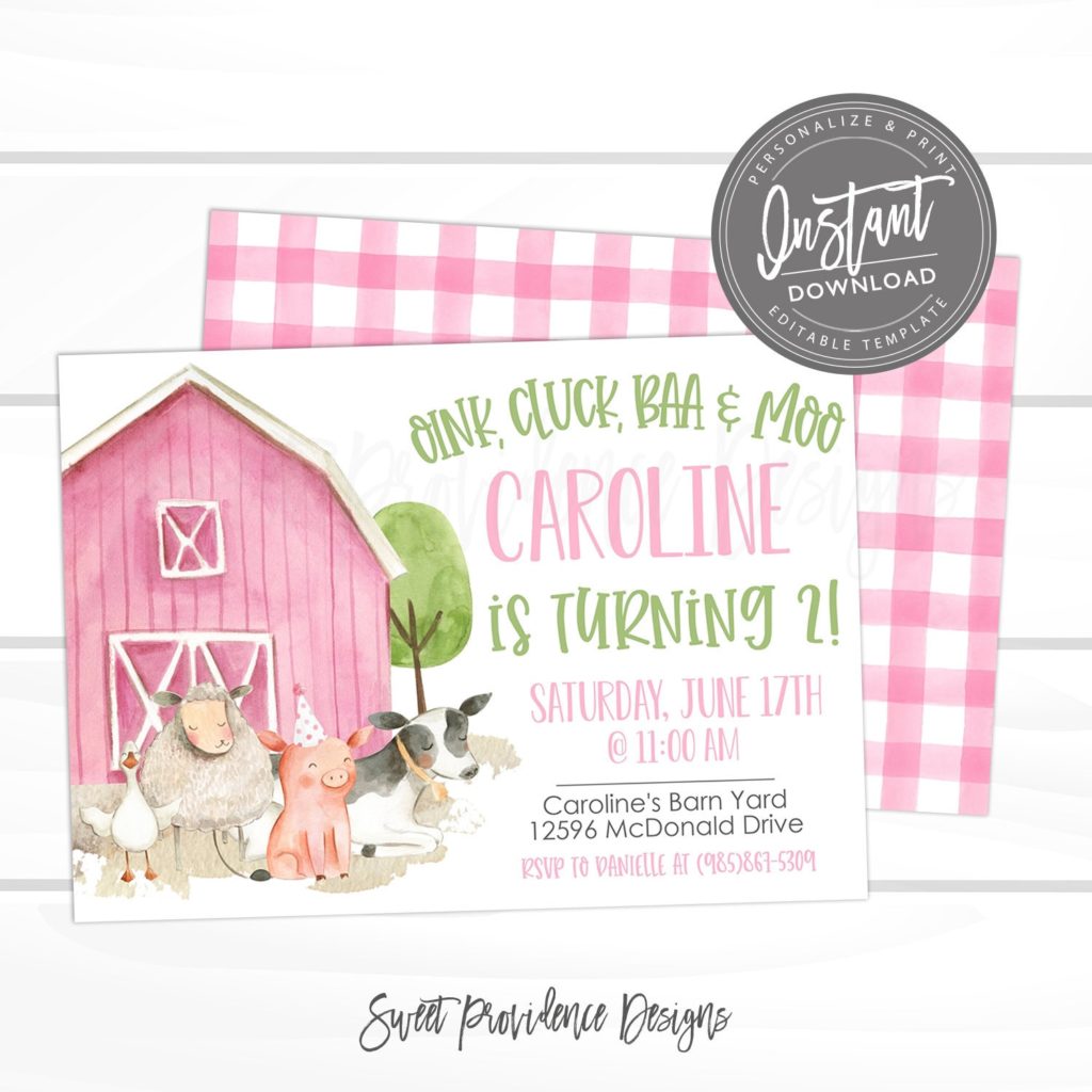 Farm Birthday Invitation, Farm Animals, Editable Girl Barn Party