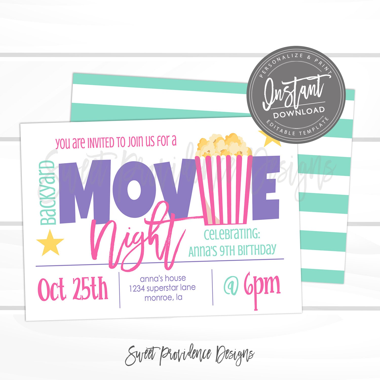 Movie Night Invitation, Girl Movie Birthday party, Backyard Movie Night ...