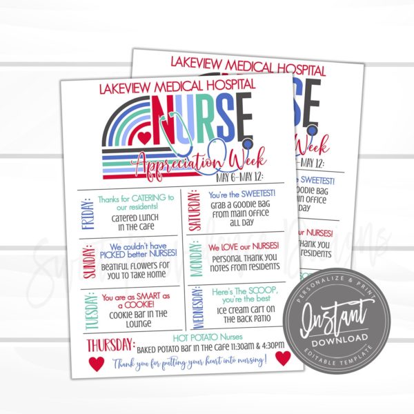 EDITABLE Nurse Appreciation Week Itinerary Poster, Printable Digital ...