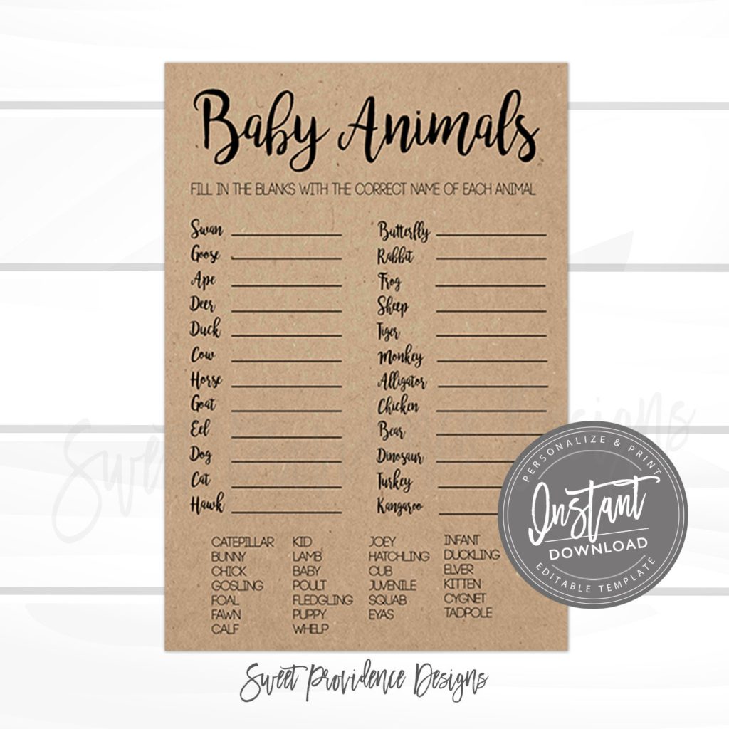 Printable Rustic Baby Shower Baby Animals Game, Printable Kraft Shower ...