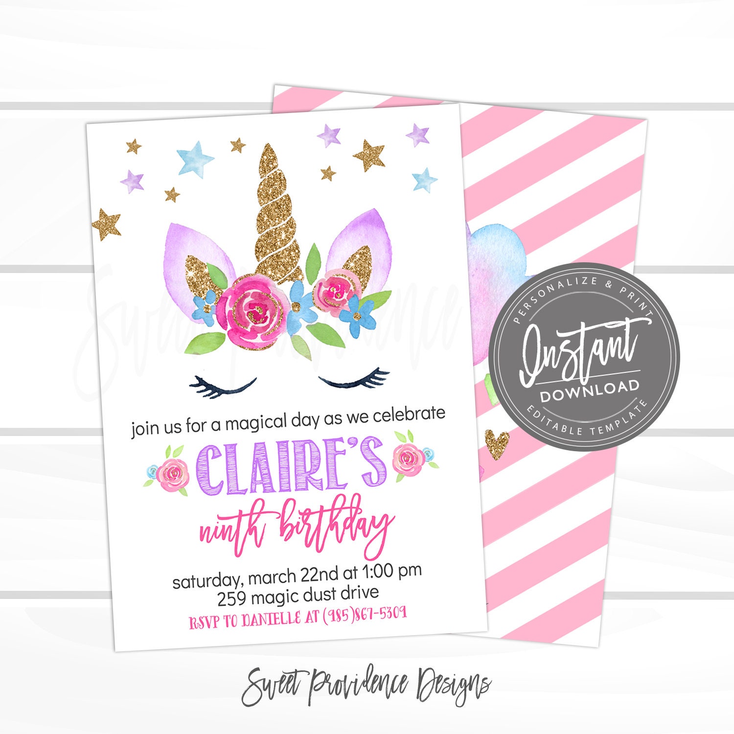 Unicorn Invitations, Unicorn Birthday Invitation, Editable Girl glitter Birthday template, Magical Celebration Instant Access | Sweet Providence Designs