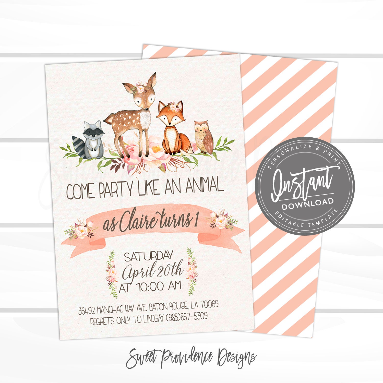 Woodland Animal Birthday Invitation, Floral Woodland Invite, Party like an  animal, Editable Invitation template, Printable Instant Access | Sweet  Providence Designs